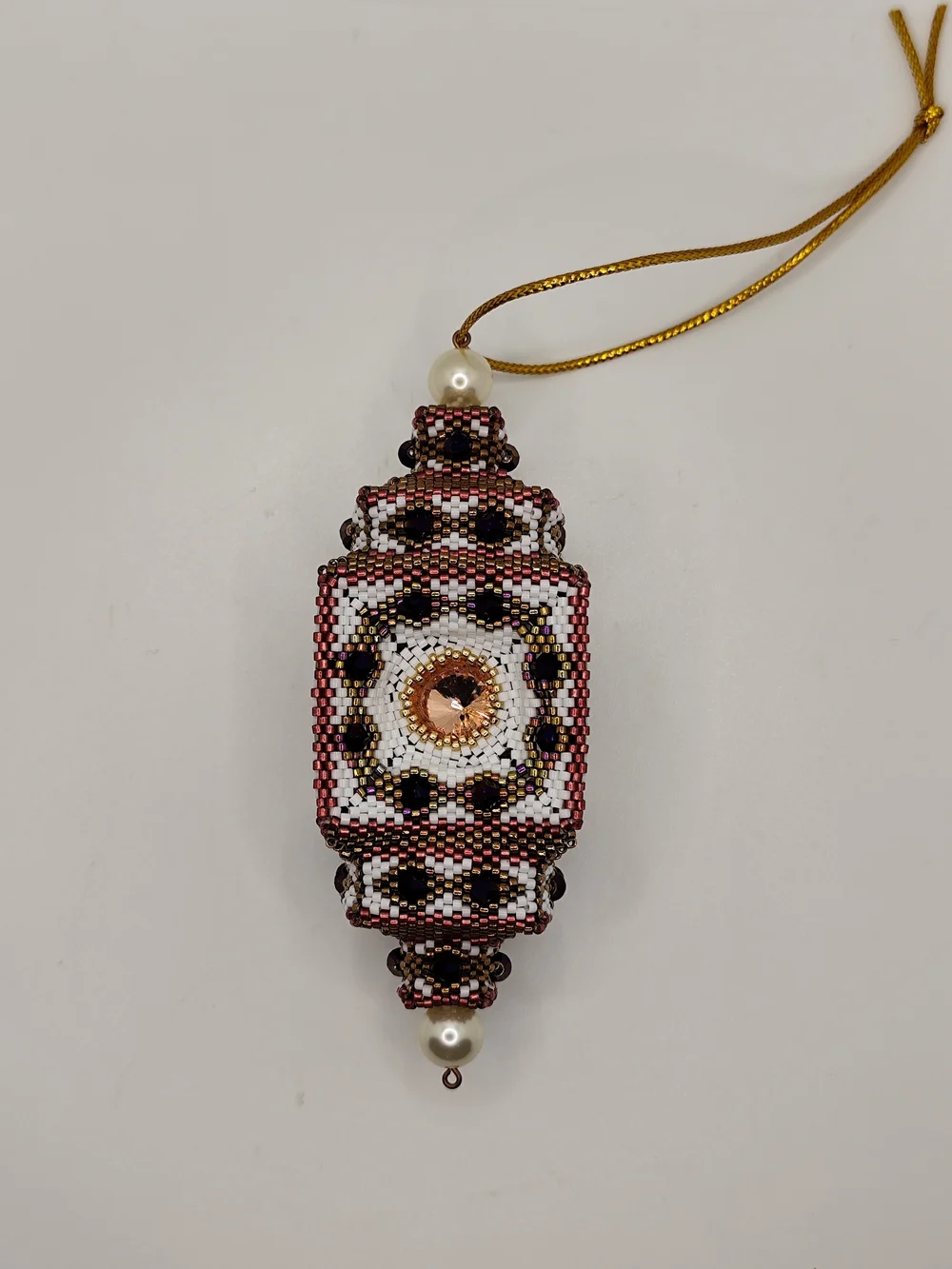 Beaded  Ornament in White, Rose Gold & Black
